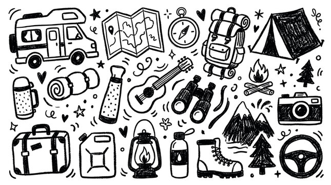 Collection of hand-drawn black and white camping and travel doodles, including a camper van, tent, backpack, and campfire, on a white background
