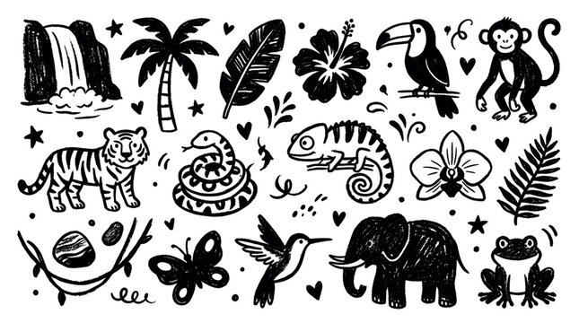 Hand-drawn black and white jungle animals and plants create a charming, whimsical pattern on a clean white background