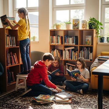 Children reading books together in cozy library corner.