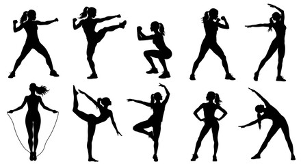 Fototapeta premium フィットネスを楽しむ女性のシルエット｜ミニマルスポーツデザイン Silhouette of woman enjoying fitness – minimal sports design