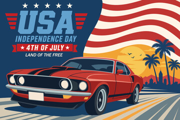 Independence Day USA banner background featuring retro red sports car, waving American flag, and sunset city landscape. Perfect for patriotic posters, t-shirts, banners, and holiday event promotions. © barokzidane
