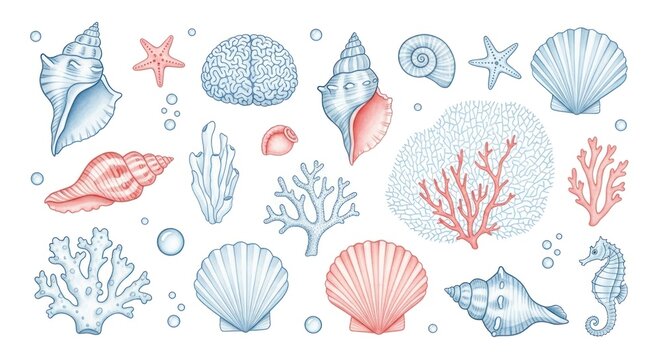 Collection of Watercolor Seashells and Marine Life Illustrations.