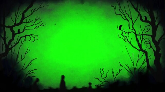 Spooky halloween night with bats flying in green background