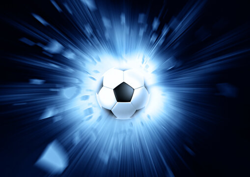 青い光が爆発するサッカーボールのスピードイメージ背景素材