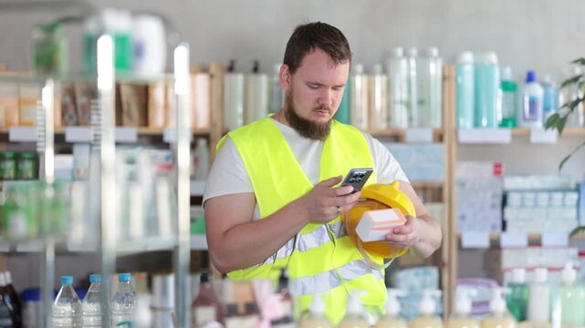 Male builder scans code on package of pills to check the expiration date. High quality 4k footage