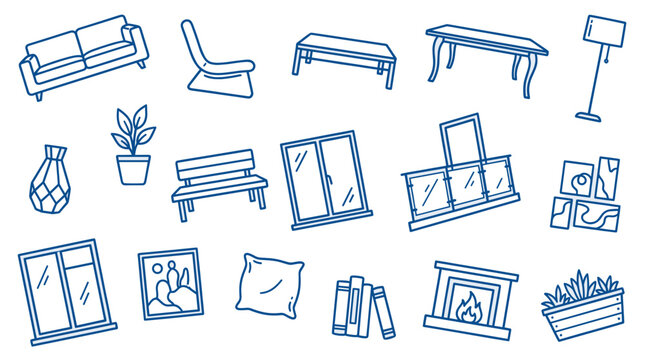 Various blue outline hand-drawn home furniture and decor items are scattered across a clean white background, creating a simple pattern