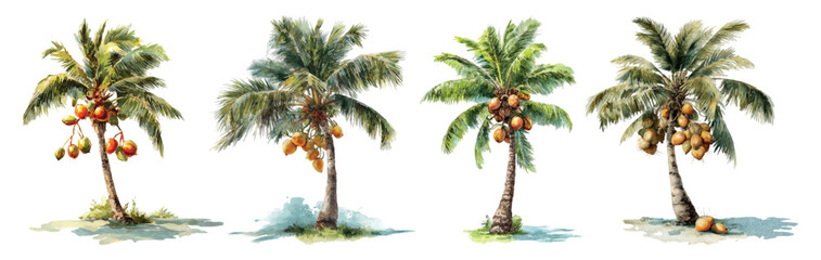 Hand drawing tropical coconut palm trees with green and orange fruits, creating a botanical watercolor illustration for summer designs, exotic travel, and island nature themes © Mari