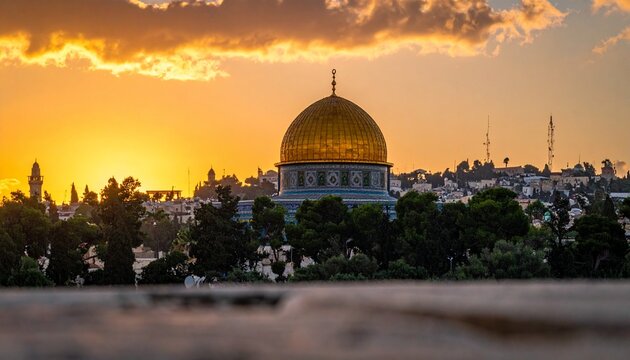 &ldquo;The golden Dome of the Rock glows under a radiant sunset sky, symbolizing faith, heritage, and the timeless spiritual resonance of Jerusalem&rsquo;s sacred landscape.&rdquo;