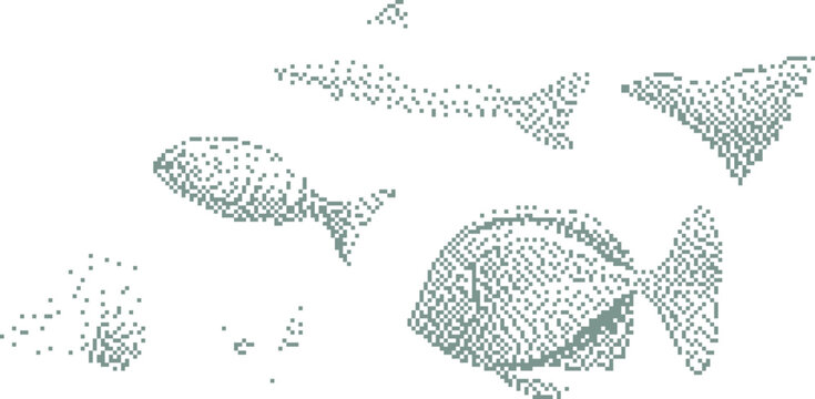 School of fish in minimalist graphic style with clean white background and subtle dot pattern