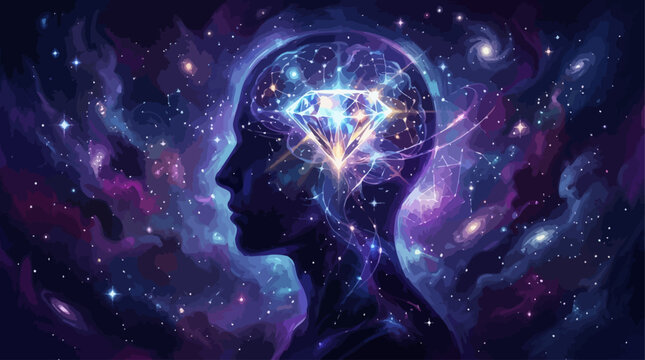 Human silhouette with glowing diamond inside mind, representing thoughts and ideas in space