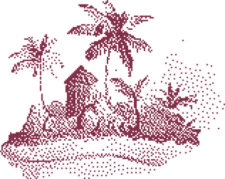 Tropical island hut surrounded by palm trees during a vibrant sunset with a serene mood and graphic style