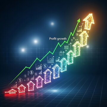 Business growth chart with rising profits and coins.
