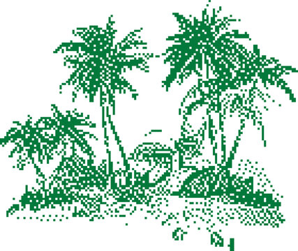 Tropical island paradise with palm trees and a hut during a sunny day in a vintage vector style