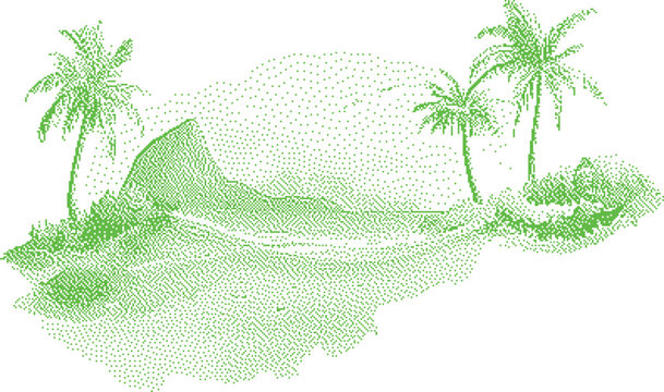 Tropical island landscape with palm trees and mountain during daytime with dotted effect