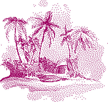 Tropical island scene with palm trees and huts in a dot pattern illustration