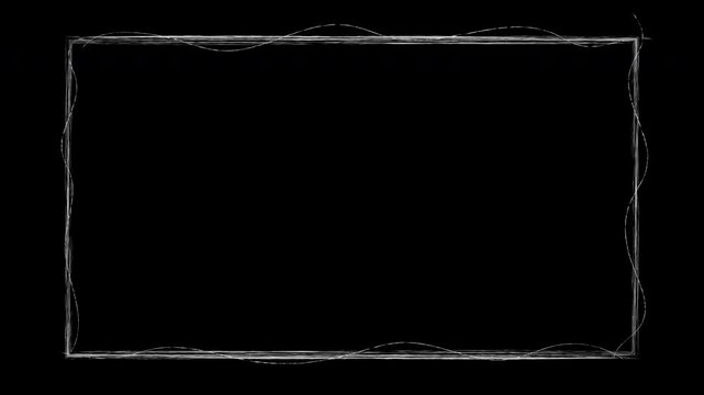 Animated Sketch Grunge Frame.White hand-drawn stop motion border texture video effect on black background.