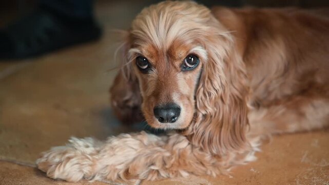 A cocker spaniel lies on the floor, looking around with alertness and curiosity. The setting appears warm and inviting, with soft lighting creating a comfortable atmosphere