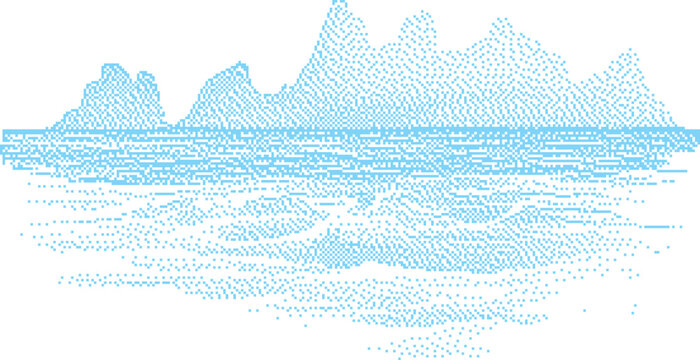 Abstract pointillist seascape with geometric mountains and choppy water during daylight
