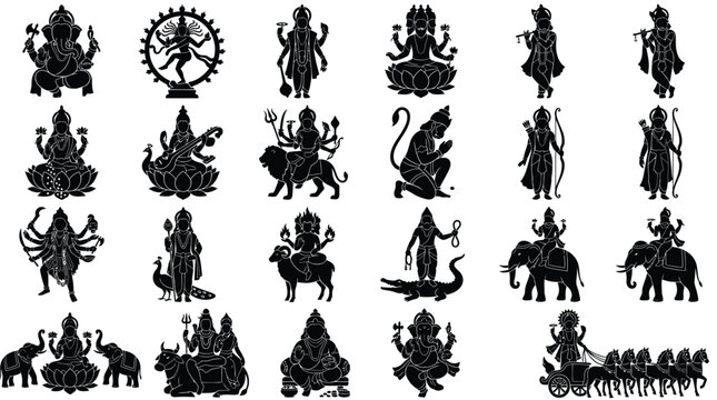 Hindu deities silhouette vector bundle for religious and cultural themes.