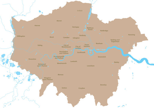 London map simplified vector illustration with boroughs and River Thames for 
