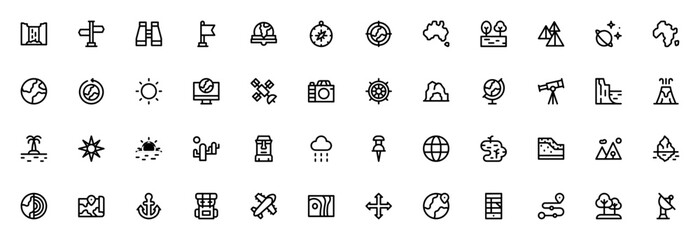 Geography icon set. Vector map pack. Minimal outline geography symbols. Includes compass, globe, map, waterfall, volcano, island, desert, forest, planet, satellite, telescope, backpack, airplane, loca © wang