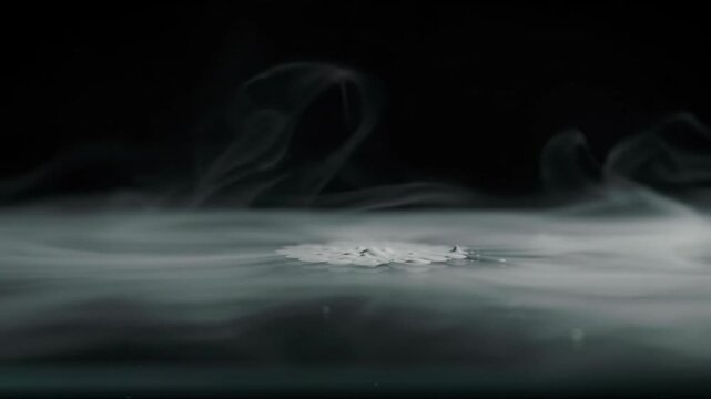 Ethereal, pearlescent white vapor rises and swirls from a liquid black glass surface, diffusing into a black void with dramatic chiaroscuro. Emerging AI consciousness concept
