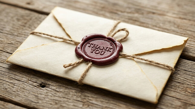 Vintage envelope with wax seal, thank you message on red wax stamp, rustic paper letter tied with twine on wooden background