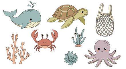 Fototapeta premium Sea creatures, ocean animals, cartoon illustrations, vector set, marine life icons, 8 elements