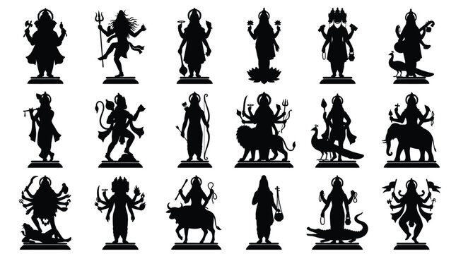 Set of indian deity silhouettes on pedestals for religious design and branding.
