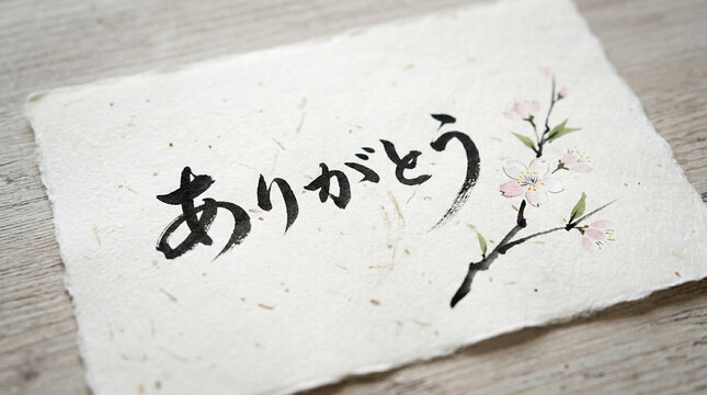 Japanese calligraphy thank you card, Arigato message on handmade washi paper, cherry blossom ink painting on textured stationery