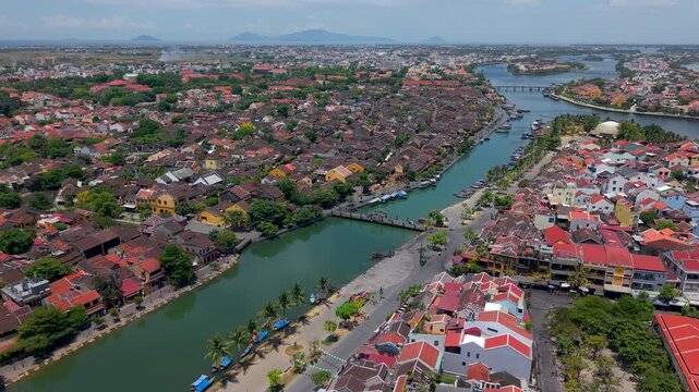 Aerial view of Hoi An old town or Hoian ancient town. Royalty high-quality free stock footage of Hoi An old town. Hoi An is UNESCO world heritage, one of the most popular destinations in Vietnam