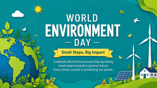 World environment day banner with earth, wind turbines, solar panels and text