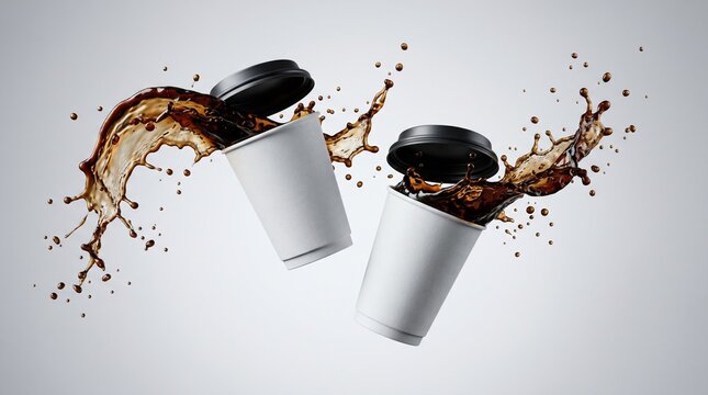 Energetic splash of rich brown coffee erupting from two blank white disposable takeaway cups, creating a dynamic and refreshing caffeine burst