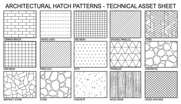 Architectural hatch patterns technical asset sheet vector graphics for construction and design blueprints and drawings.