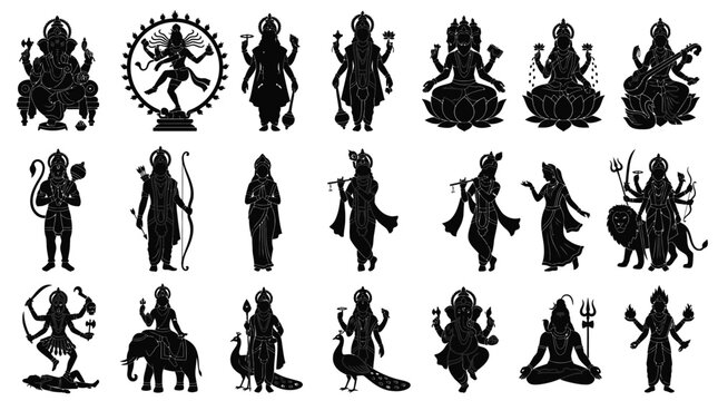 Collection of hindu deities silhouettes on transparent background vector art.