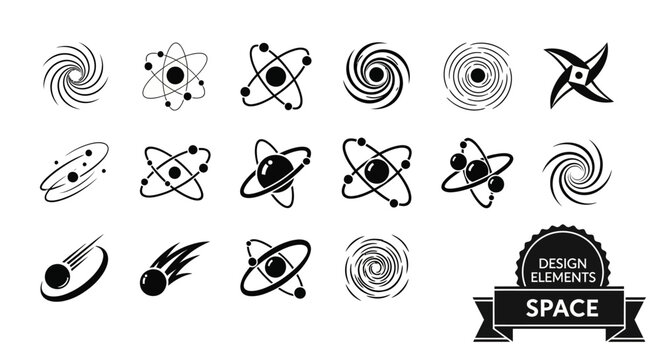 Space icons, astronomy symbols, black design elements, vector graphics, 20 space-themed illustrations