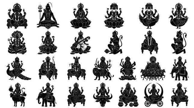 Diverse hindu deities silhouettes set on transparent background vector graphics.