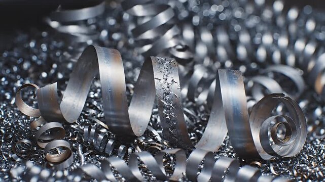 Closeup of Metal Shavings and Swarf from Machining Process.