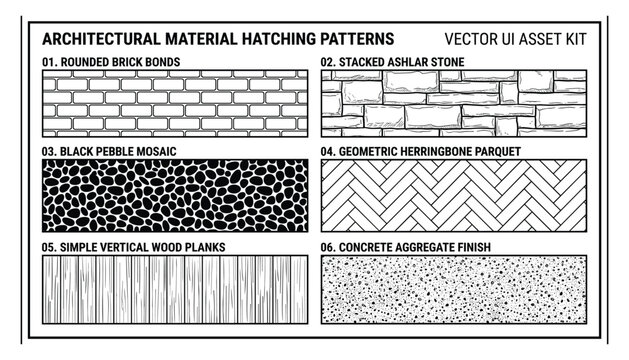 Architectural material hatching patterns vector ui asset kit with brick pebble wood stone and aggregate finishes for design.