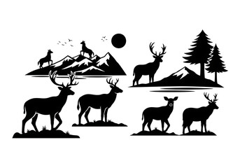 Fototapeta premium Deer Silhouettes Standing on Mountain Landscape with Trees
