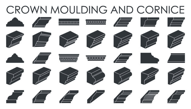Crown moulding and cornice profiles vector set with various decorative architectural mouldings and trim designs on transparent background.