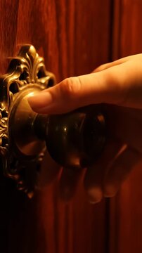 Hand opening an ornate antique brass door knob.