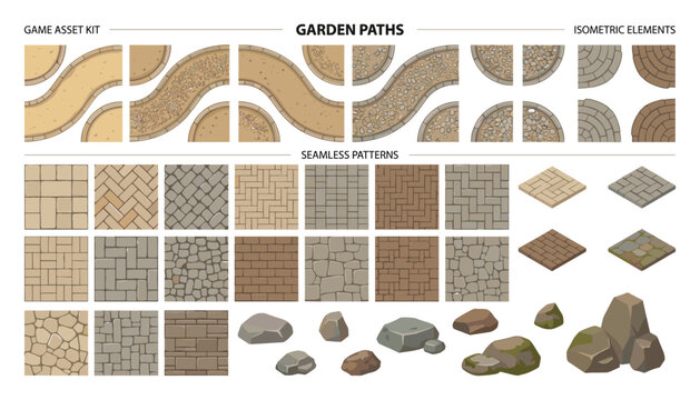 Garden path seamless patterns and isometric stone elements vector set with rocky ground textures isolated on transparent background file.