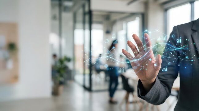 Business analytics hologram with human hand in modern office, glowing data visualization, trend chart interface, digital technology background with copy space