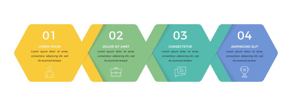 Modern infographic template with four horizontal step designed for business presentation or project management flow showing progress and chronological development of a process