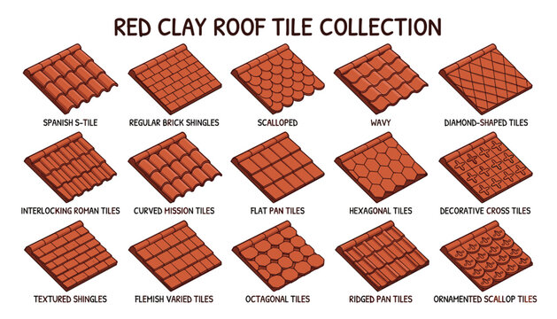 Red clay roof tiles collection vector isometric illustration on transparent background, architectural materials.