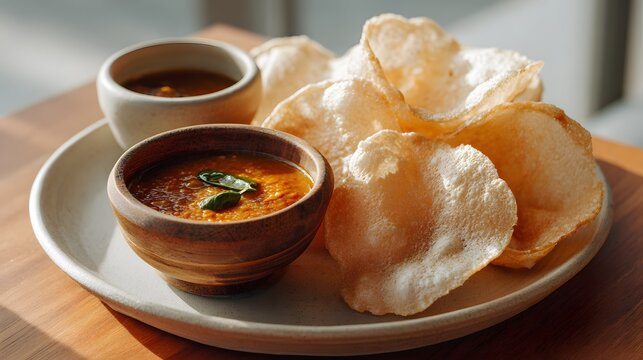 Sri Lankan hoppers served with sambal and crispy prawn crackers.