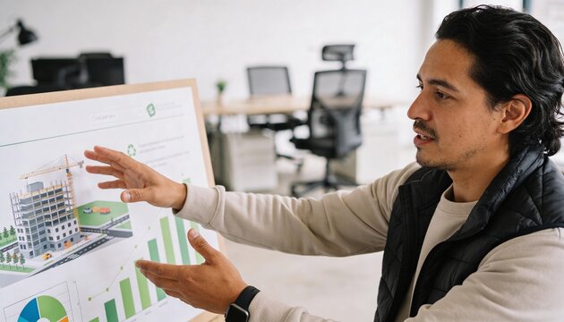 Professional man presenting sustainable construction project in modern office. Architect explaining building development with charts and 3D model. Urban planning and longevity concept