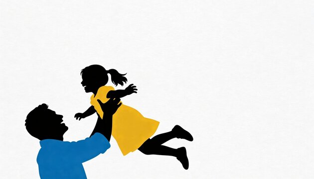 Silhouette of a father lifting his daughter in the air. Minimalist illustration of family bonding with blue and yellow accents. Fatherhood and parenting concept with copy space