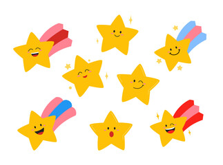 Naklejka premium A collection of cute star illustrations with playful expressions and child friendly designs. Suitable for kids projects, stickers, posters, and nursery themes.